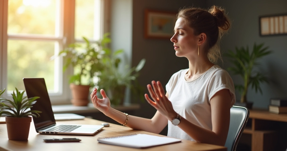 Remote team member practicing meditation at desk