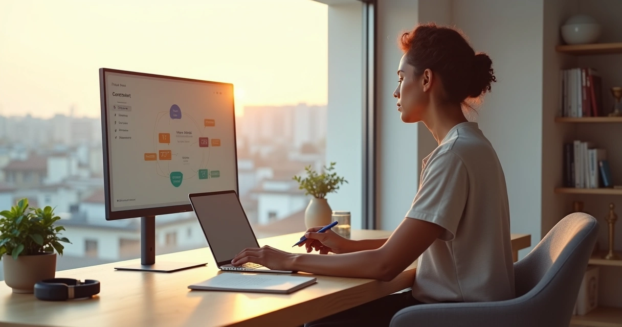 Remote worker at minimalist desk mapping goals on a digital board 