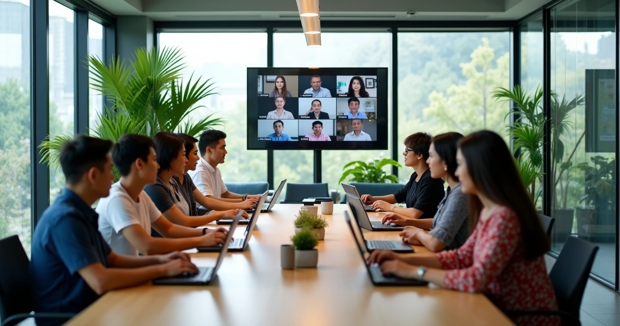 Remote team collaborating over laptops in a bright Southeast Asian workspace 