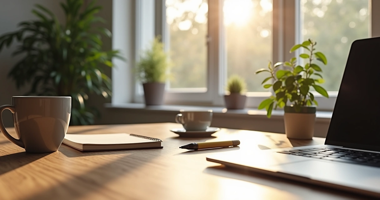 Neat home workspace with a laptop and coffee cup 