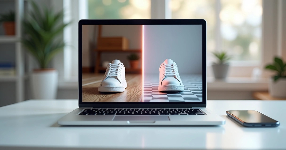 Produto sendo transformado de foto amadora para imagem com fundo profissional 