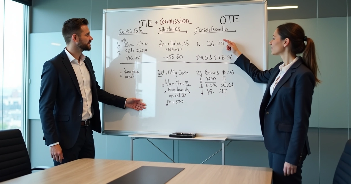 Quadro branco com cálculos de comissão e OTE desenhados em caneta em uma sala de reunião 