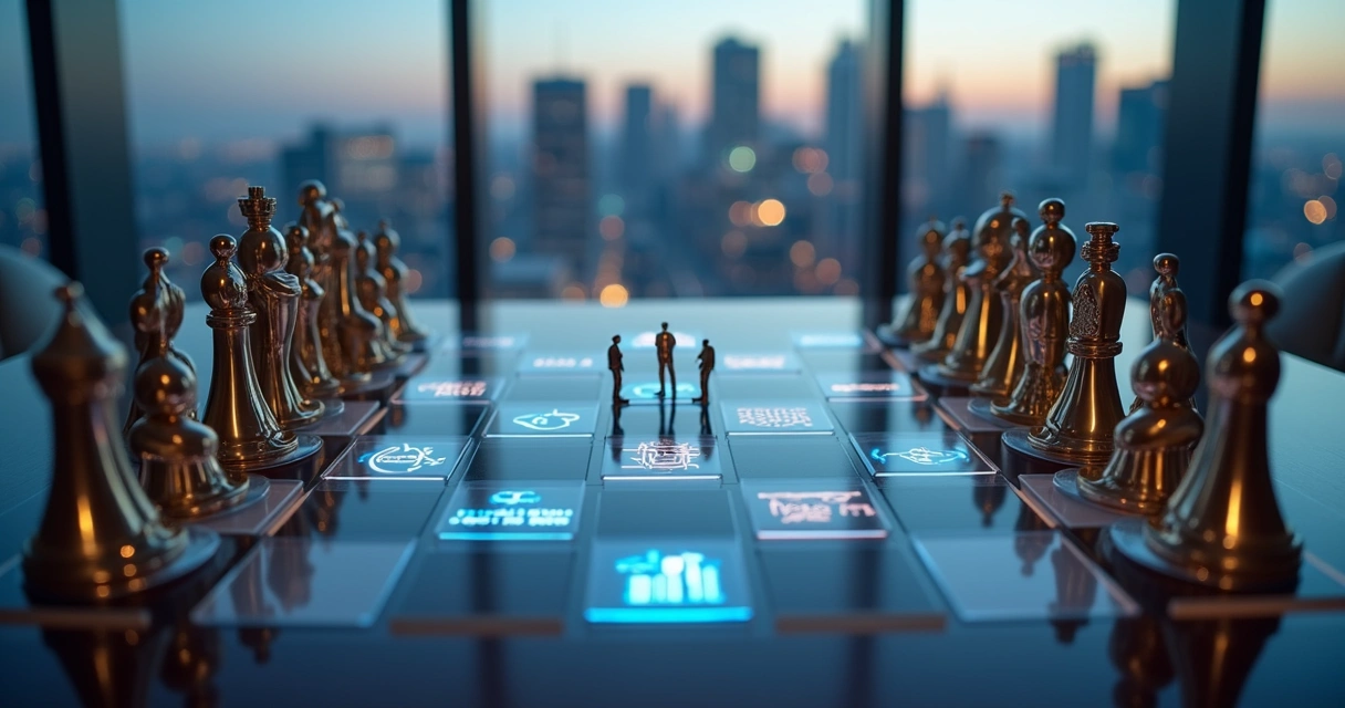 Tabuleiro de xadrez corporativo com peças em formato de conselheiros e ícones de tecnologia 