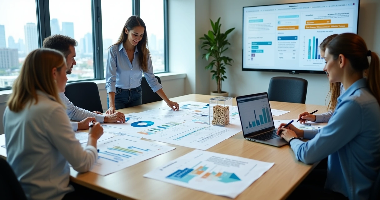 Gestores analisando mapas salariais estratégicos em mesa de escritório moderna 