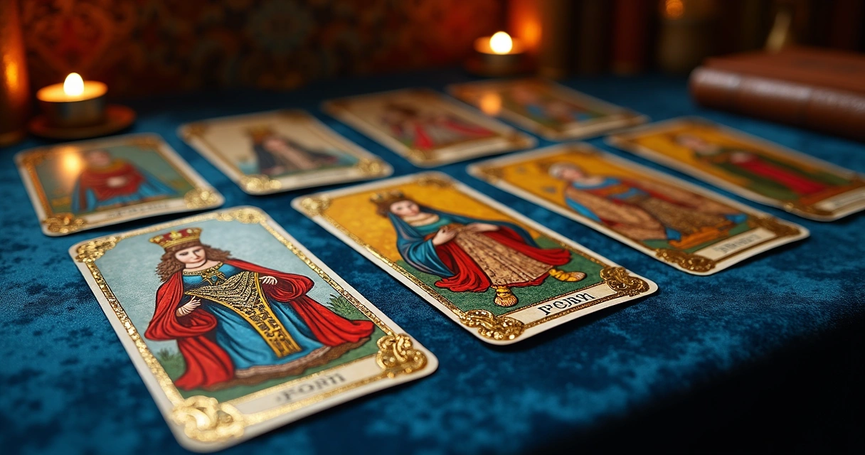 Hand-painted Renaissance tarot cards laid on a dark velvet cloth 