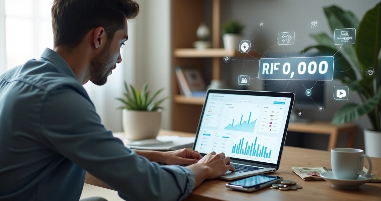 Empreendedor usando notebook com painel de vendas e notas de 100 reais ao redor 