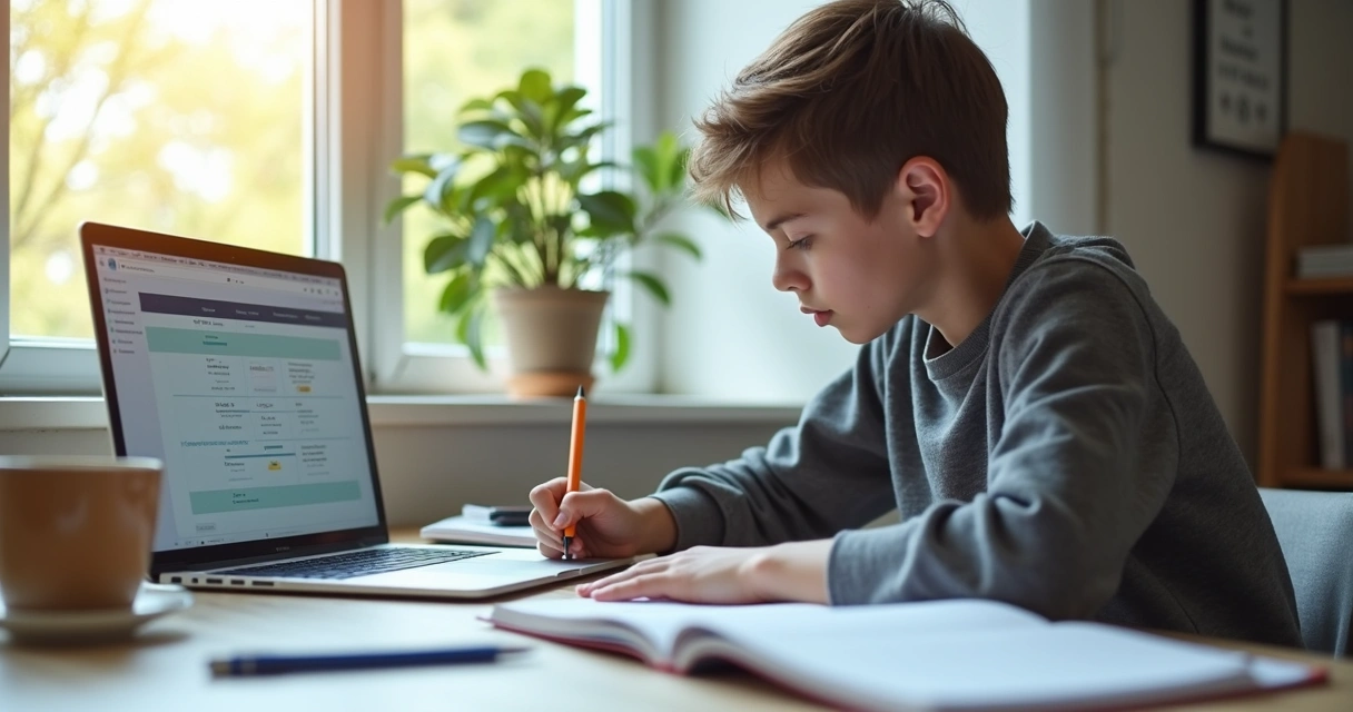 Estudante concentrado estudando em mesa organizada com livros e laptop para preparação do ENEM 