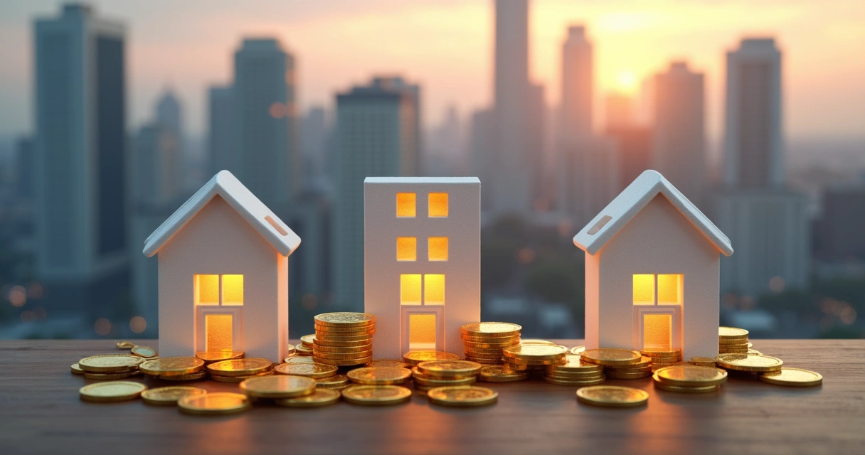 Símbolo de renda passiva saindo de várias kitnets modernas 