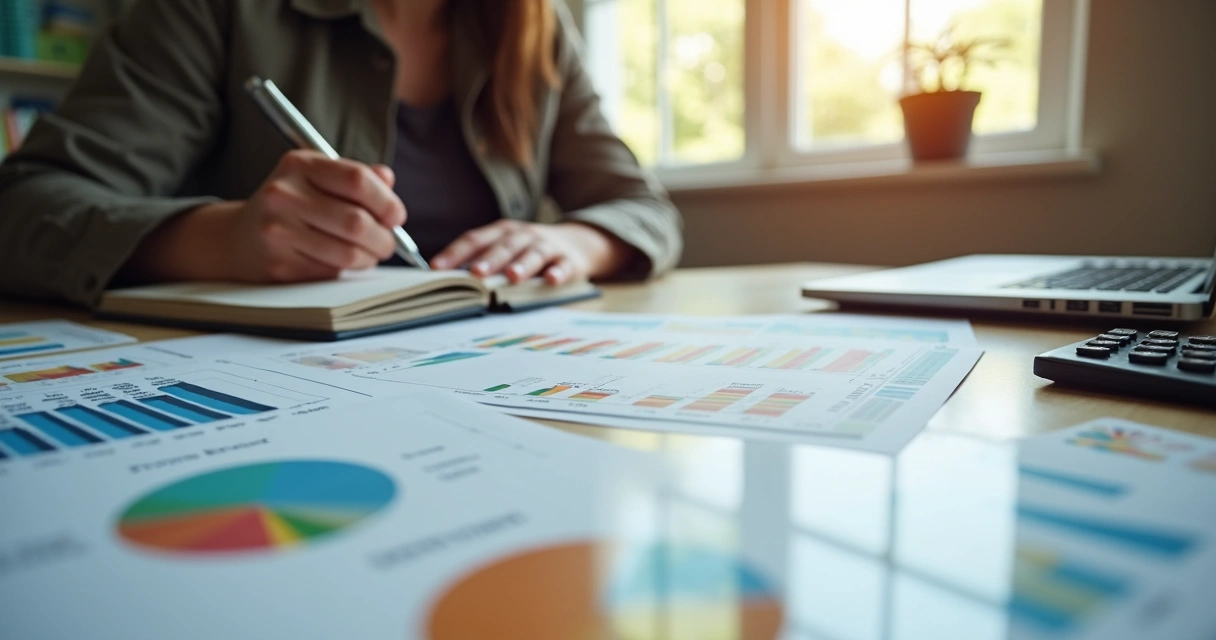 Pessoa calculando investimentos para aposentadoria com caderno, calculadora e gráficos.