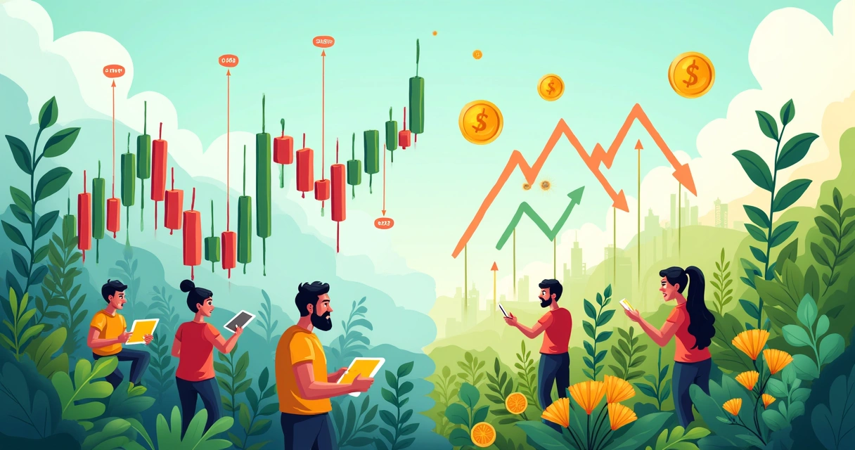 Ilustração sobre renda variável com investidores animados e oportunidades de diversificação e retorno. 