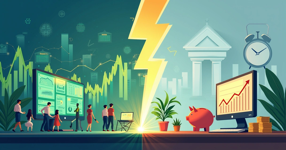 Ilustração sobre Renda Variável e Renda Fixa, com mercados agitados e bancos tranquilos.