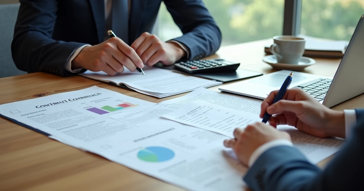 Documentos bancários e calculadora sobre mesa de reunião