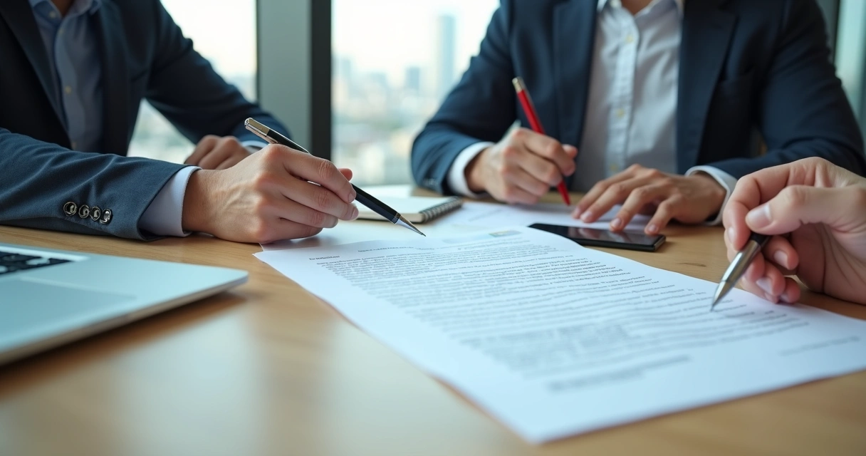 Dois profissionais revisando contrato de prestação de serviços em mesa de escritório 