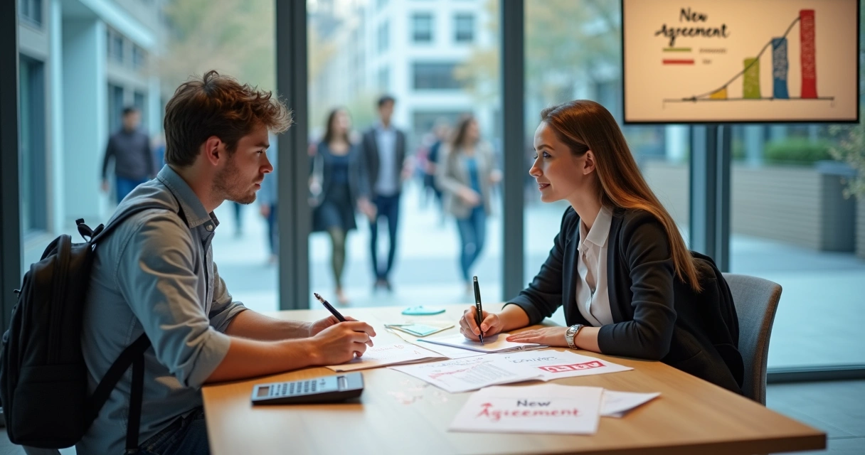 Jovem com mochila negociando dívidas estudantis em agência financeira moderna 