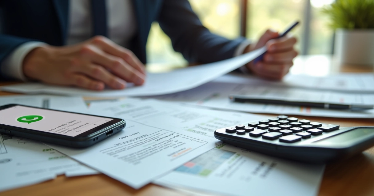Mesa com pessoa analisando documentos de dívidas, calculadora e celular com WhatsApp aberto, ambiente de escritório iluminado 