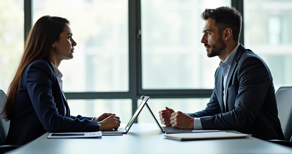 Duas pessoas em negociação sobre dívidas de empresa em mesa de escritório 
