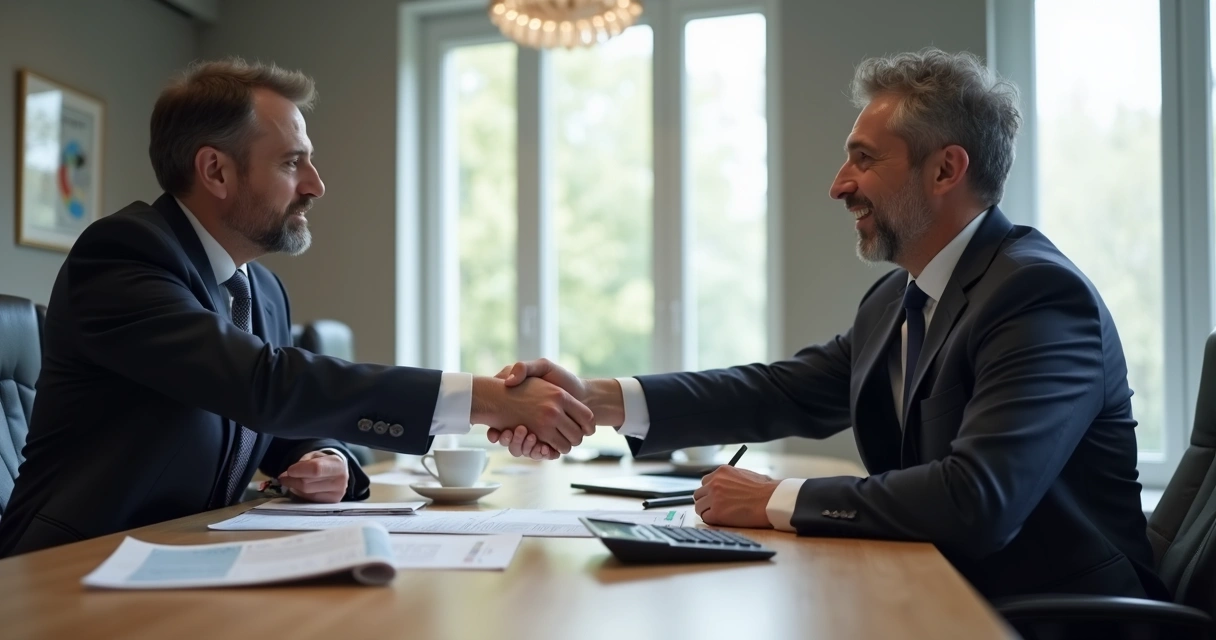Executivo e empresário apertando as mãos em reunião financeira 