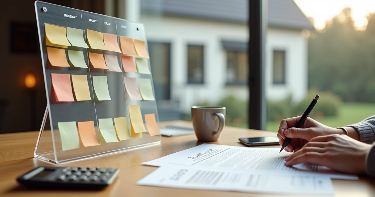 Pessoa com calculadora e contrato reorganizando quadro de parcelas do financiamento 