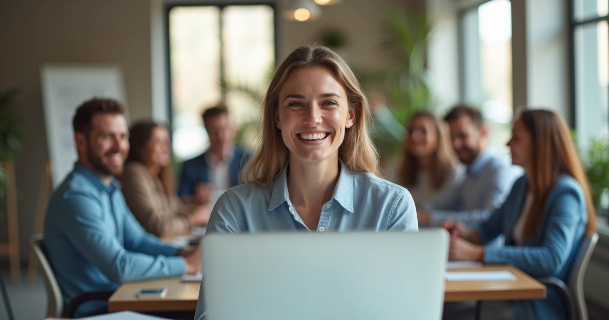Cena de uma pessoa sorridente em um escritório luminoso, recebendo uma nova oferta de trabalho por meio de um notebook aberto, com colegas comemorando ao fundo. 