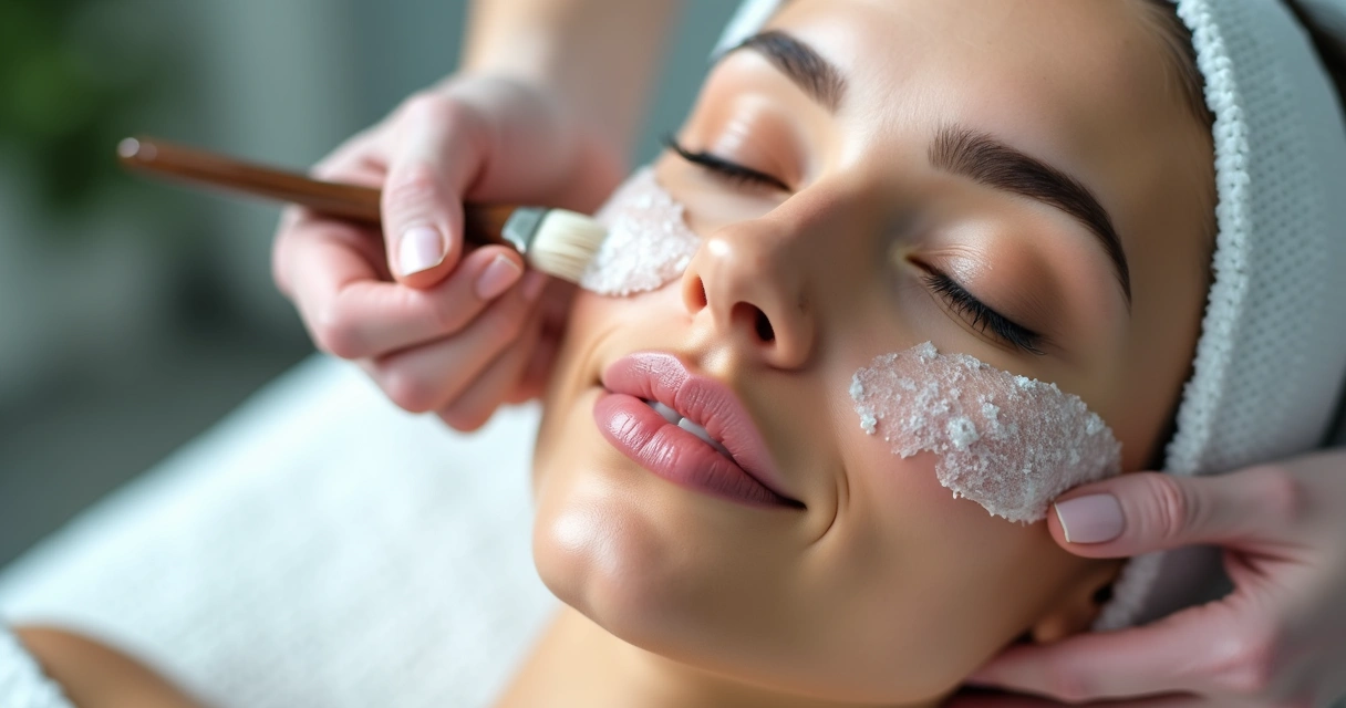 Mulher com pele limpa recebendo aplicação facial com pincel 