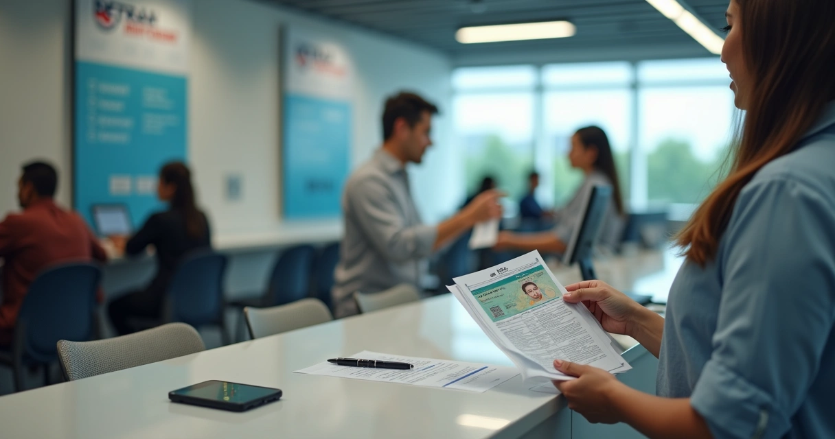 Motorista brasileiro renovando CNH em balcão do Detran com documentos sobre a mesa 