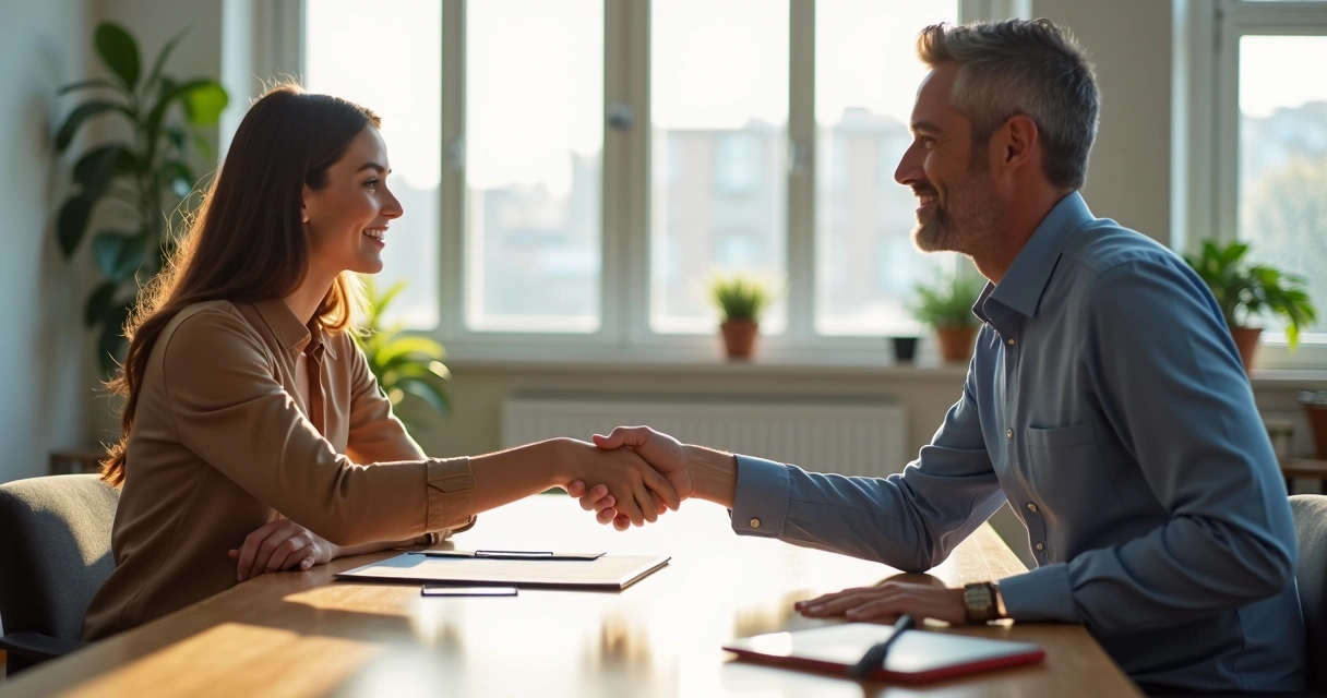 Dois profissionais apertando as mãos em um escritório iluminado, com documentos de contrato sobre a mesa.
