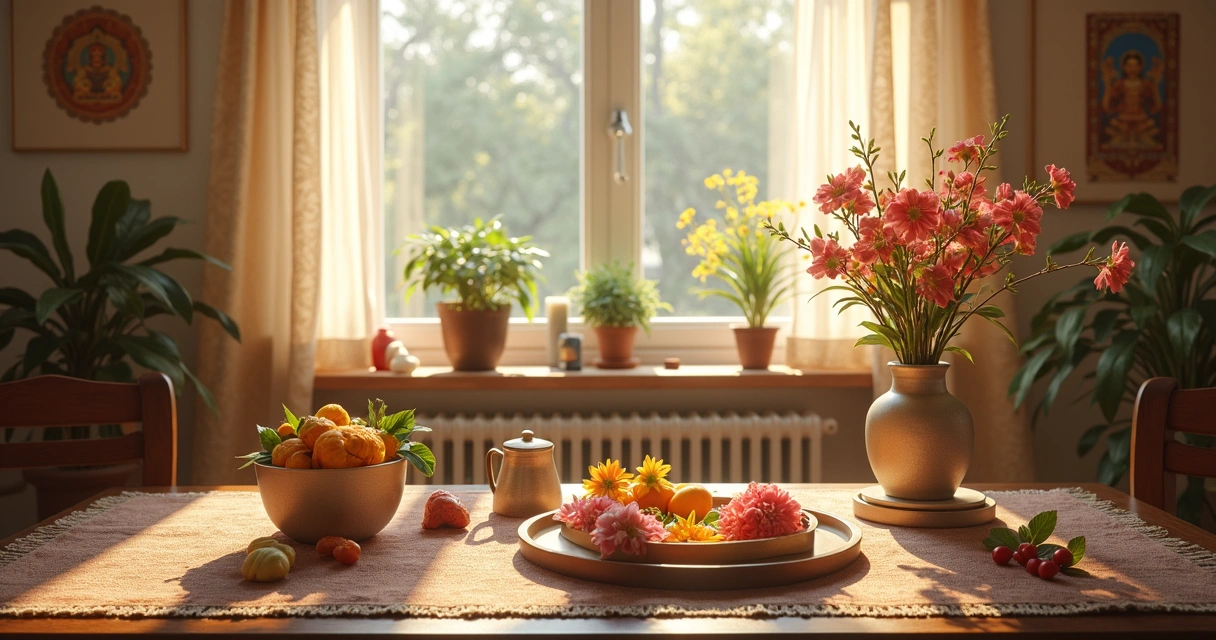 Sala iluminada por luz natural com flores e objetos coloridos de decoração 