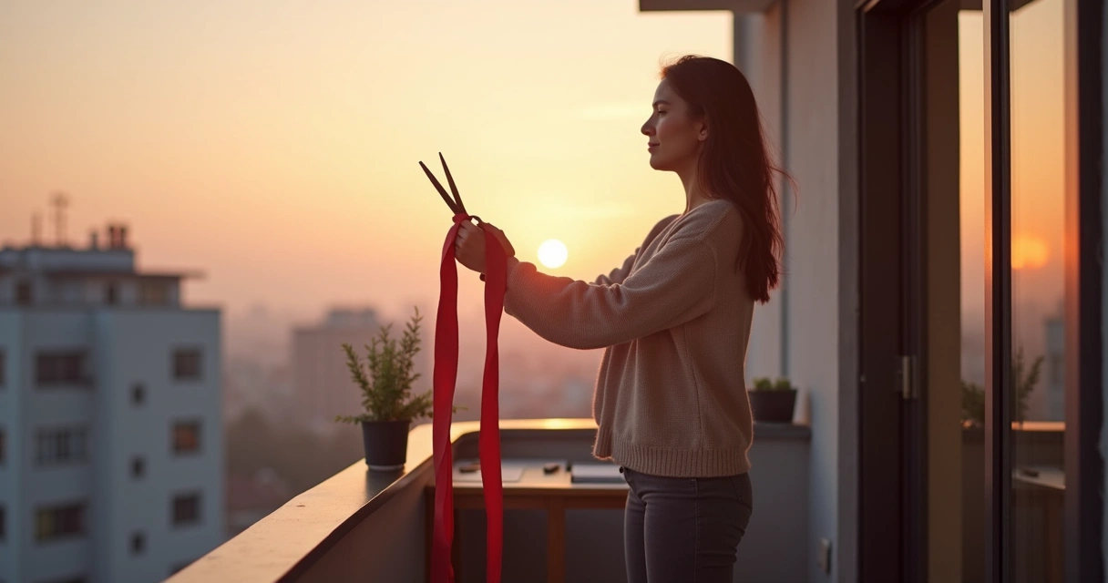 Pessoa em varanda ao amanhecer cortando uma fita entrelaçada enquanto horizonte surge ao fundo 