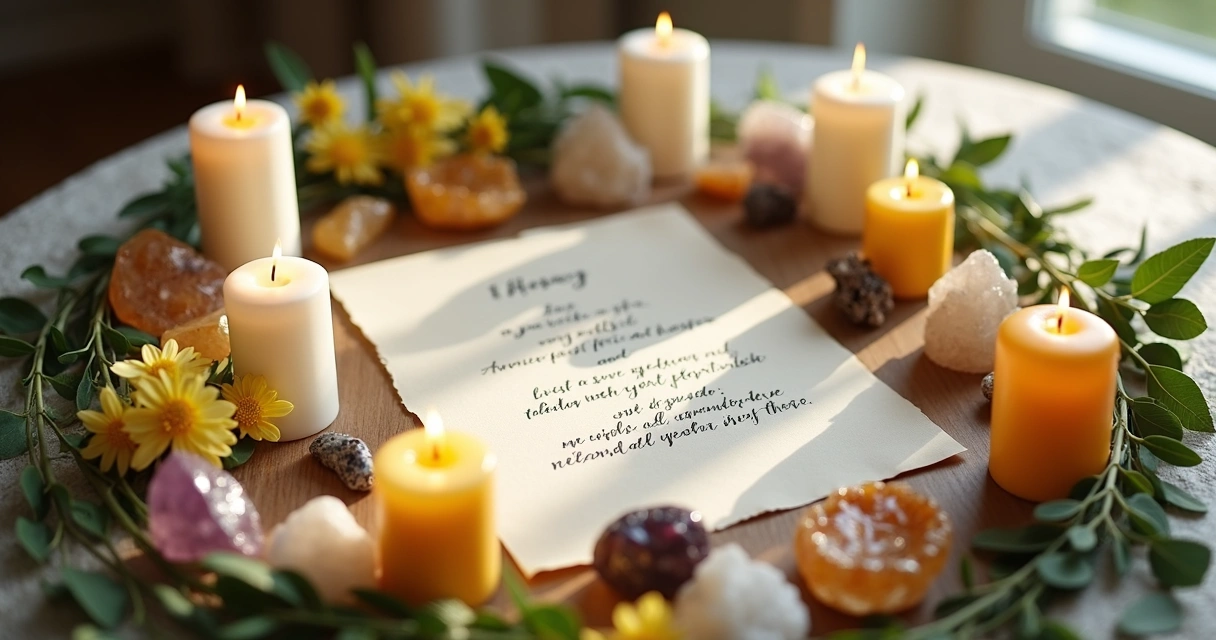 Mesa com velas, cristais e símbolos de renovação formando um círculo energético 