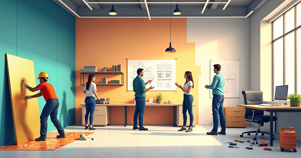 Renovation scene of an office with custom flooring, furniture, and advanced technology installations.