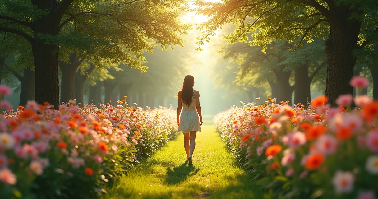 Mulher sozinha caminhando em jardim florido em direção à luz suave 