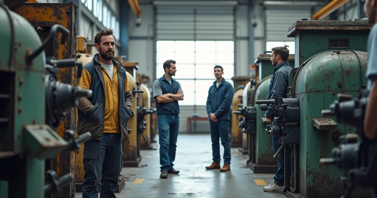 Equipe avaliando equipamento antigo e novo lado a lado 