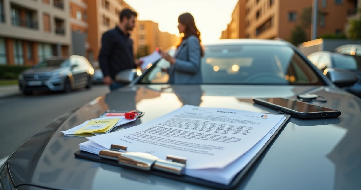 Motorista analisando contrato de seguro ao lado do carro estacionado. 
