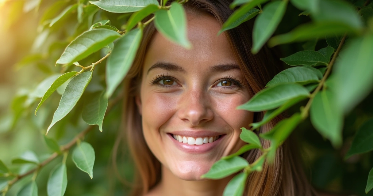 Rostro sonriente de persona entre hojas verdes 