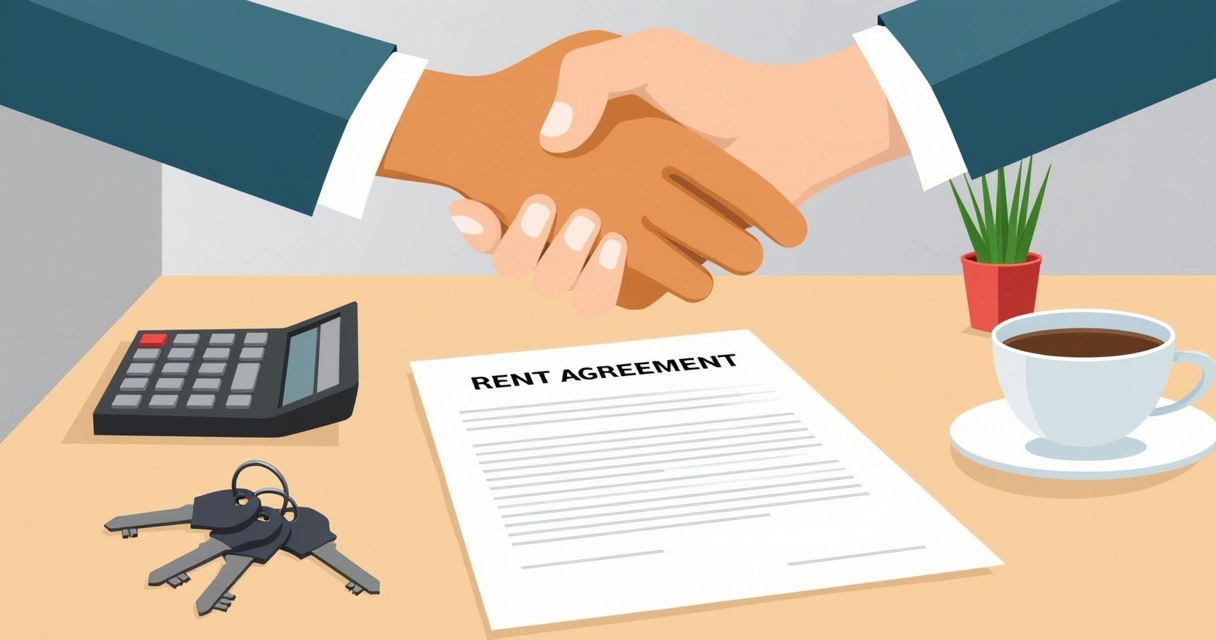 Two people shaking hands over rent agreement and calculator