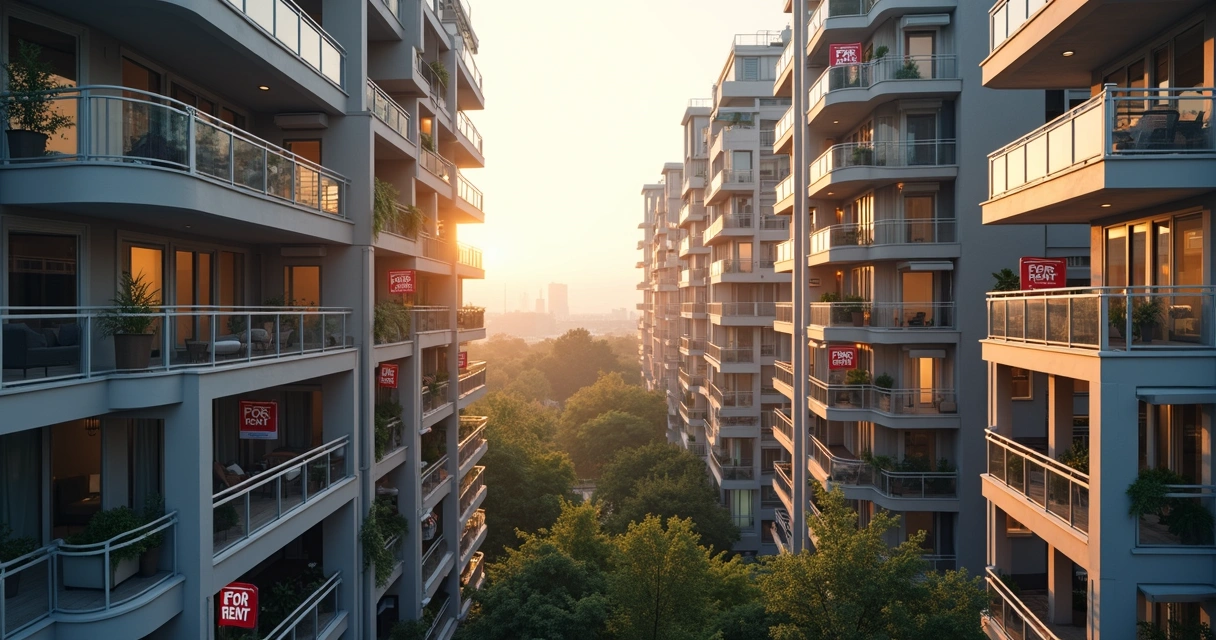 Modern apartment buildings with visible rental signs 