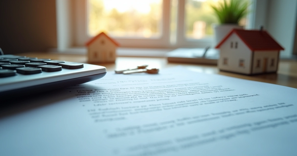 Calculator, lease agreement, and house keys on a desk 
