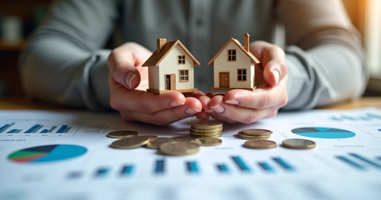 Hands holding house figurines and charts showing risk 
