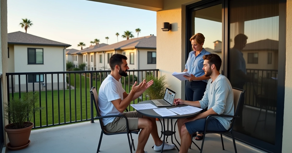 Renter discussing patio changes with HOA representative on small Orlando apartment patio 