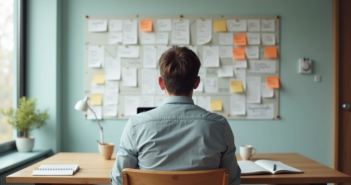 Pessoa refletindo diante de mural com crenças sendo reorganizadas 