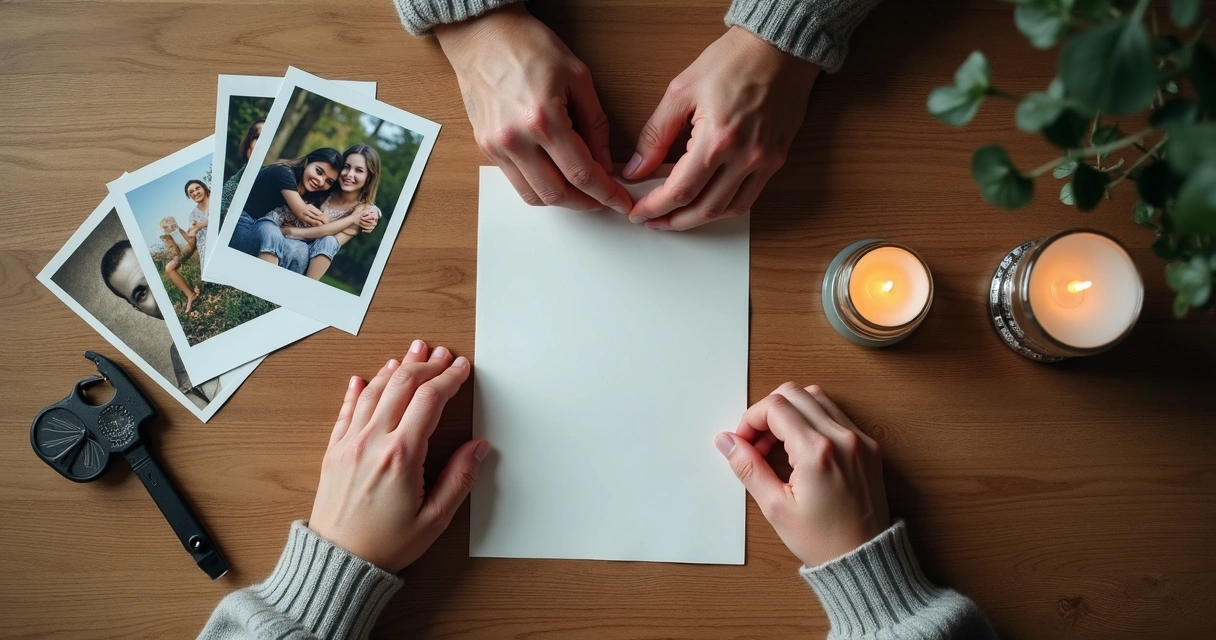 Mesa com fotos, caderno e mãos organizando memórias familiares