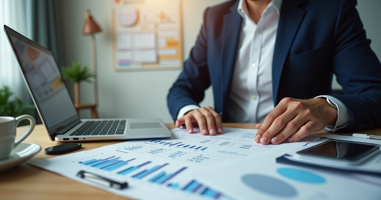 Empresário analisando fluxo de caixa com documentos e notebook 