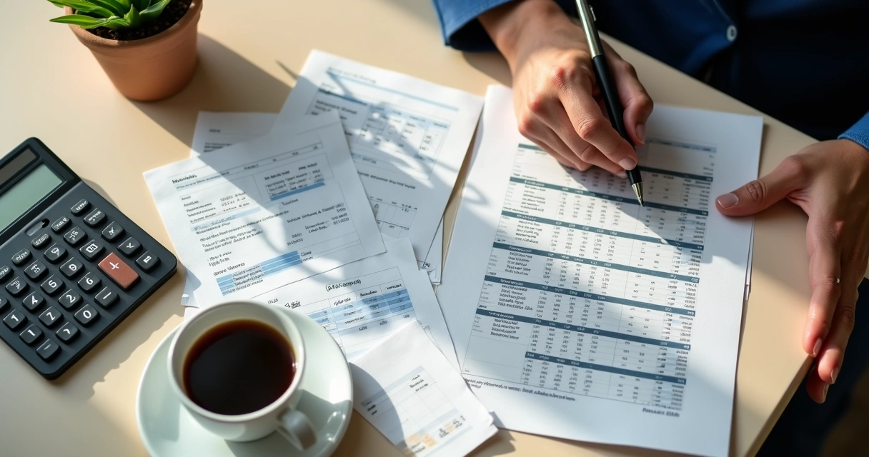 Mesa organizada com planilha, calculadora e extratos bancários 