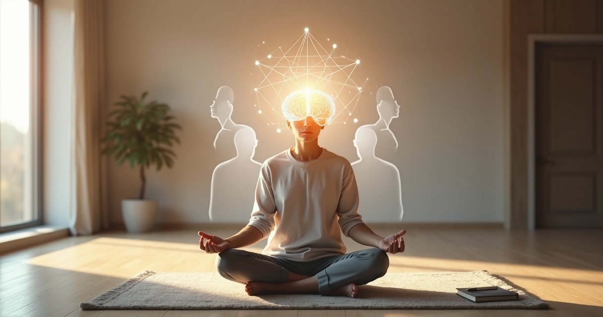 Pessoa em meditação com mente iluminada em ambiente sereno 