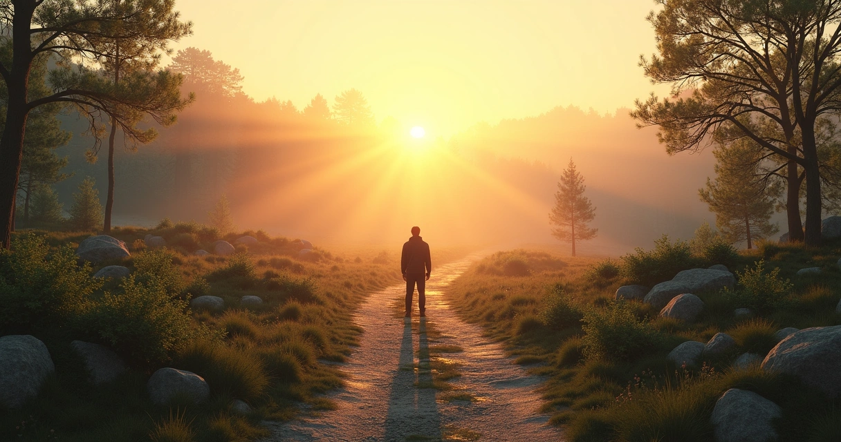 Caminho com encruzilhada e pessoa em pausa reflexiva