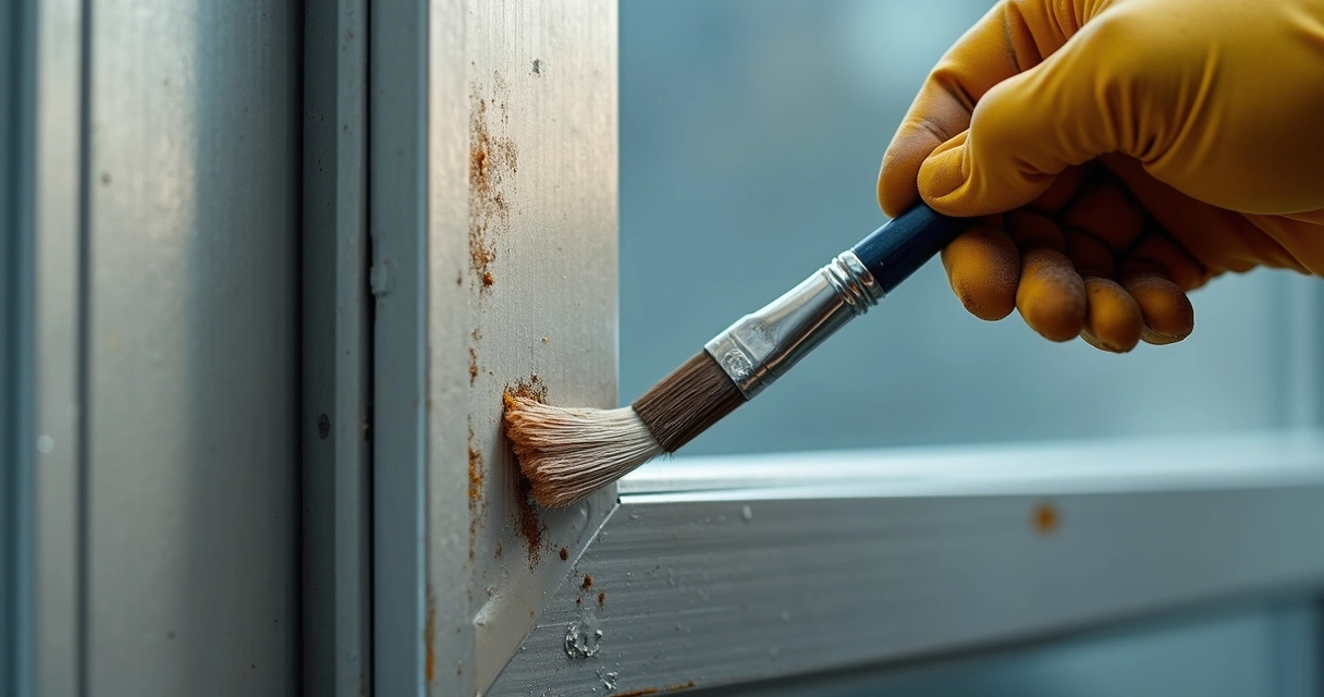 Close-up of worker repainting aluminum frame 