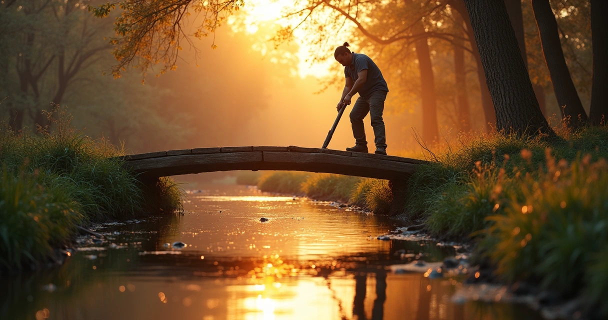 Person repairing a small bridge at sunset with calm water underneath. 