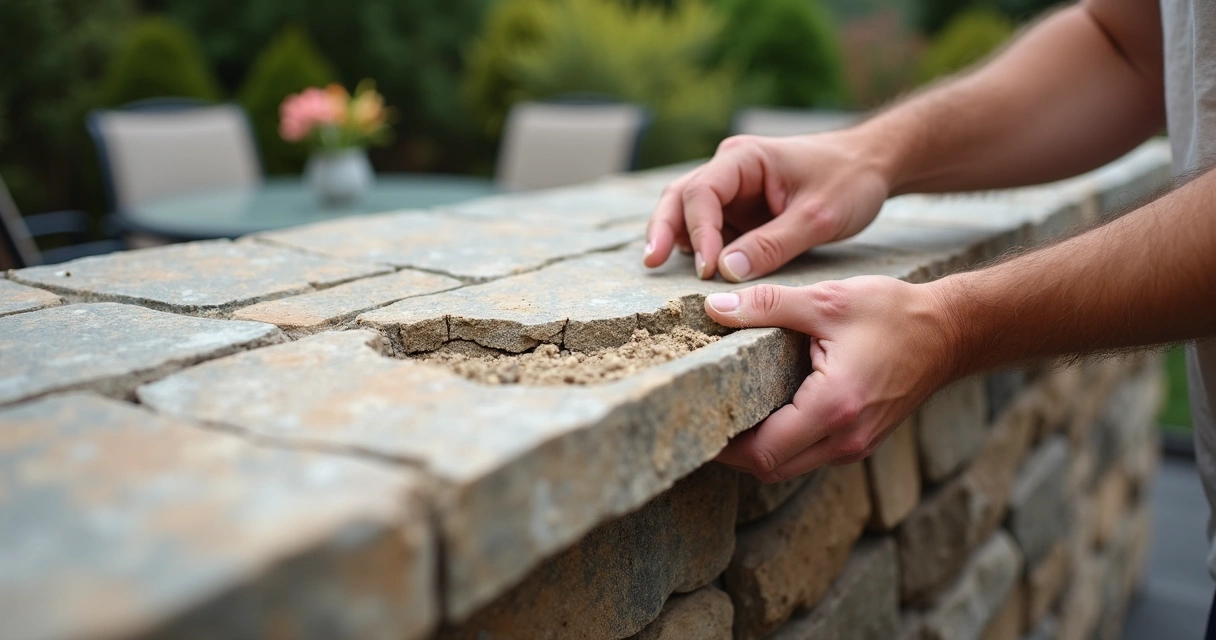 Close-up of chipped stone veneer being repaired on outdoor bar 