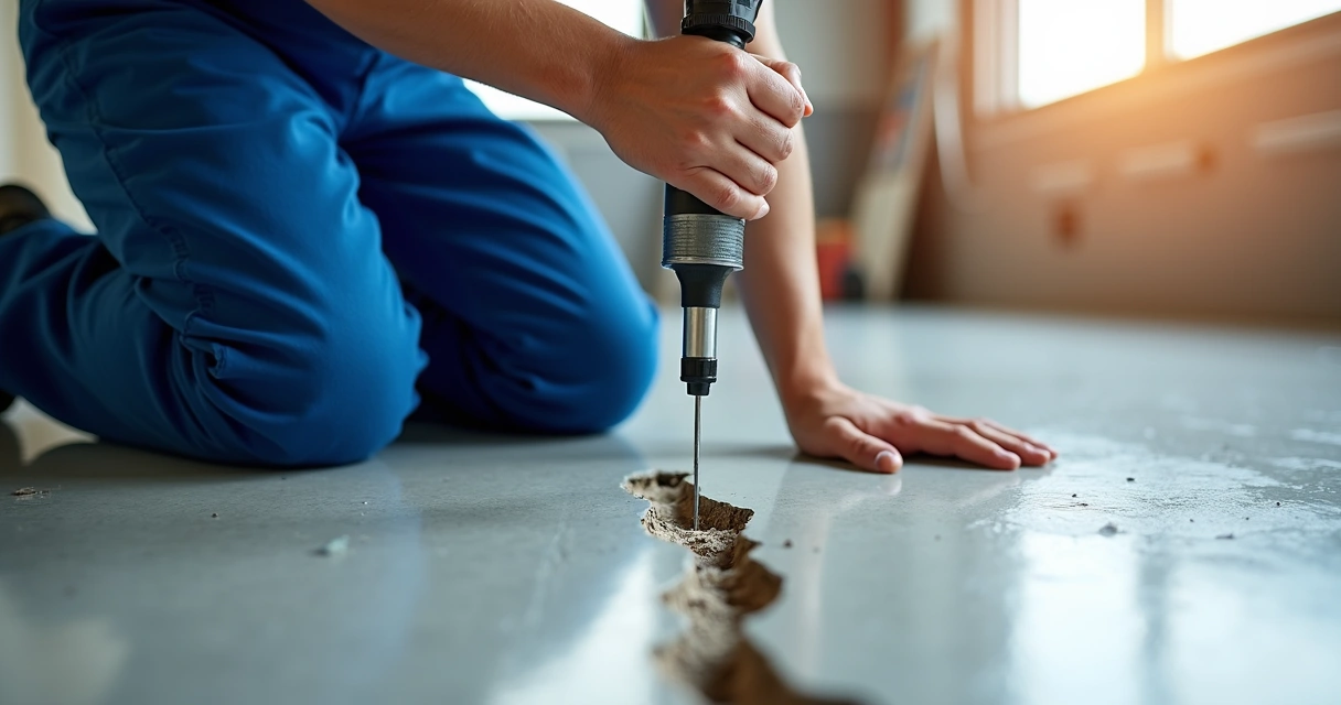 Technician repairing a garage floor with epoxy resin 