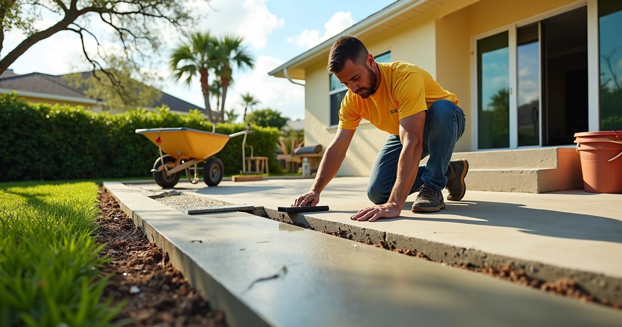 Concrete worker repairing low spot on outdoor patio with tools and fresh concrete in bright daylight 